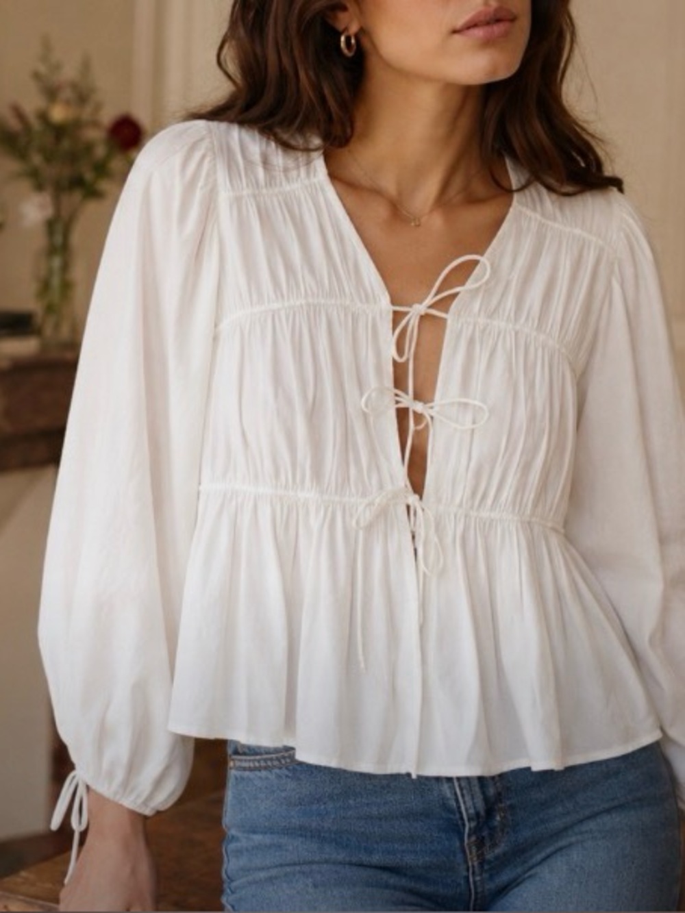 Joie front tie blouse, slight balloon sleeves, soft and flowy, white, XS, NWT